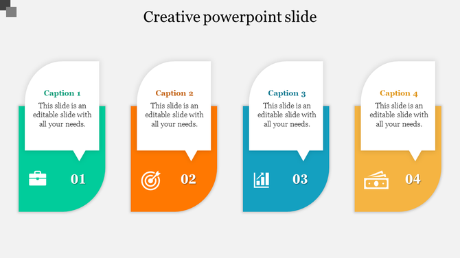 Colorful creative PPT slide with four sections featuring icons for business, targets, growth, and finance with captions.
