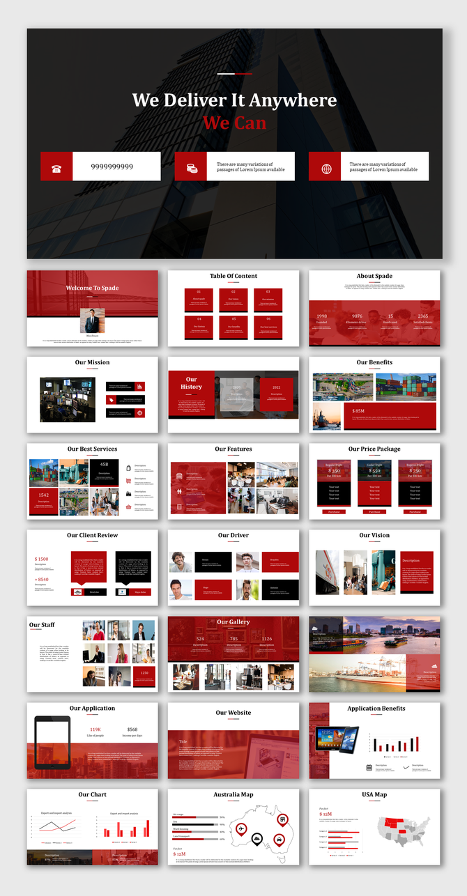 Red and black themed logistics presentation with multiple slides displaying services, mission, pricing, and contact details.