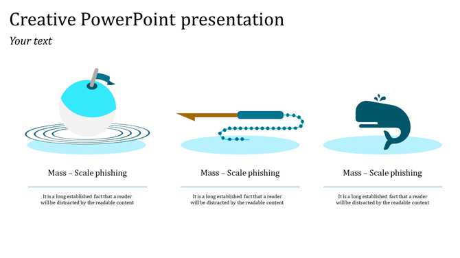Creative slide illustrating three types of phishing attacks with symbolic graphics a hooked apple, a harpoon, and a whale.