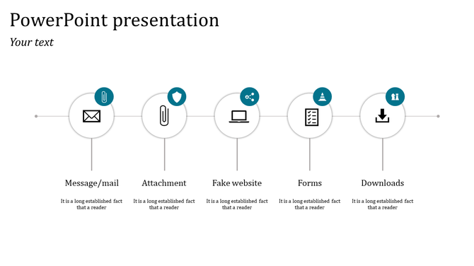 Cybersecurity PPT presentation slide illustrating various threat vectors with circular icons and placeholder text.