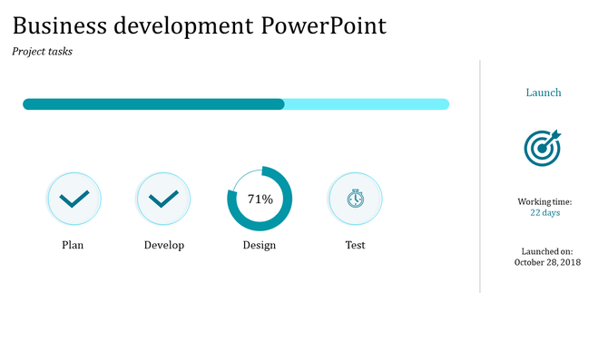 Business development project progress slide with a horizontal progress bar, four task icons, a circular progress indicator.