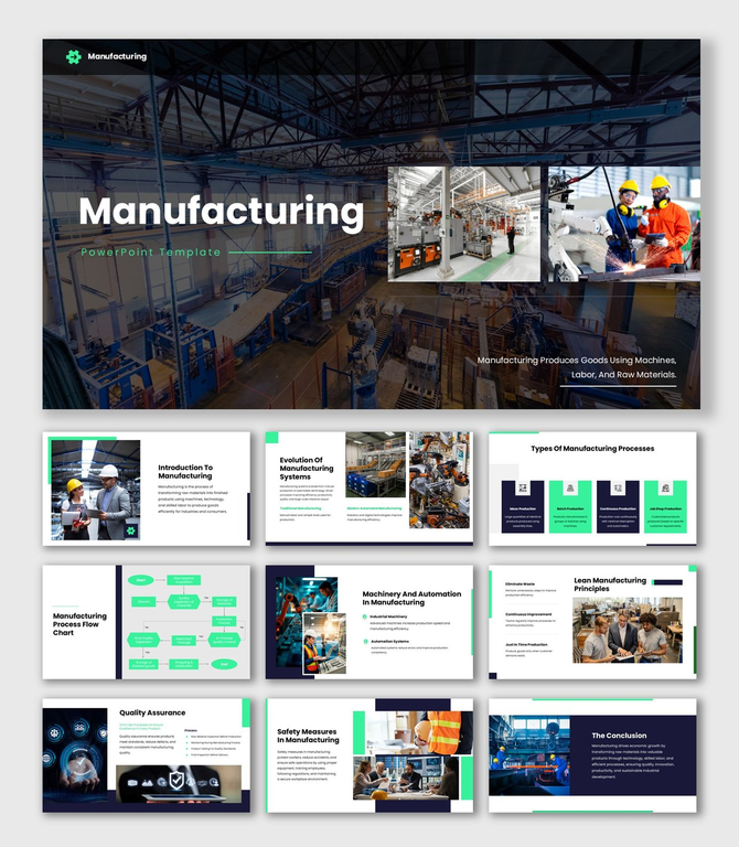 The Manufacturing PowerPoint Template with factory images, process charts, and green blue industrial slide design.