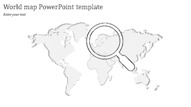 World map PowerPoint template with a magnifying glass focusing on a region.