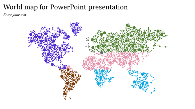 Dotted world map illustration with continents represented by clusters of colored circles, each region shaded differently.