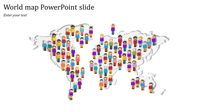 World map with colorful cartoon figures scattered across the continents, each wearing different colored outfits.
