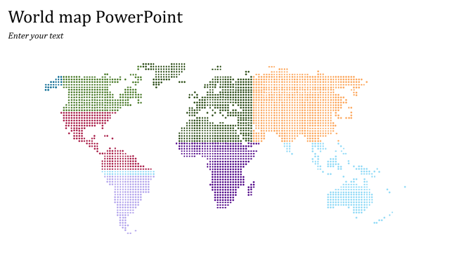 World map illustration slide with different regions shaded in varying colors using dots.