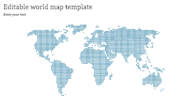 Modern world map template with a dotted pattern, visually defining continents with evenly distributed blue circles.