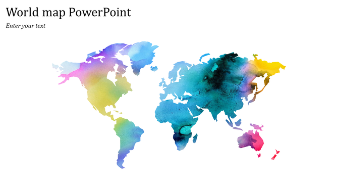 Artistic world map design featuring a watercolor texture with a mix of blue, yellow, pink, and green hues.