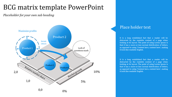 Blue themed BCG matrix with four circular product nodes, an arrow path, and a placeholder text box on the right.