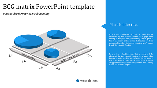 BCG matrix PowerPoint template featuring a 3D chart with pie charts for market growth rate and relative market share.