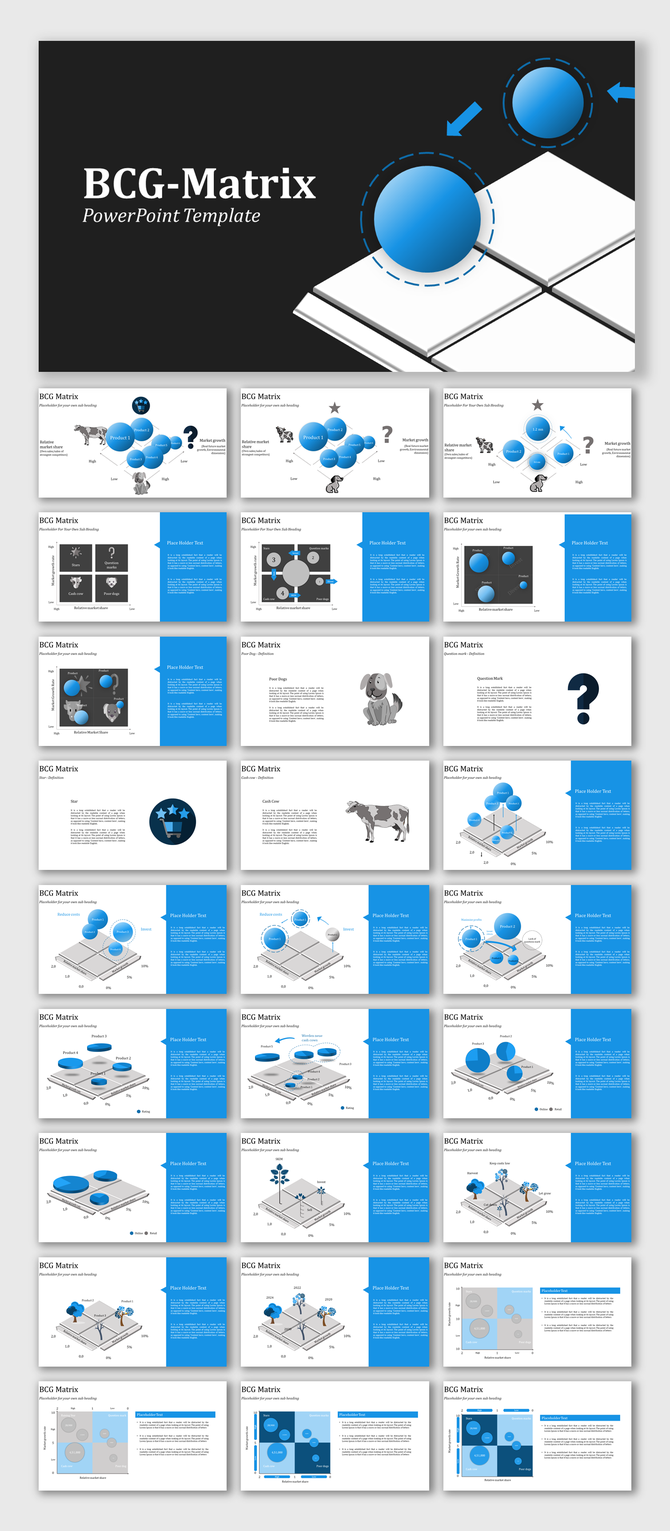 Slide deck illustrating the BCG matrix concept with 3D graphics, icons, and text placeholders in blue and gray colors.