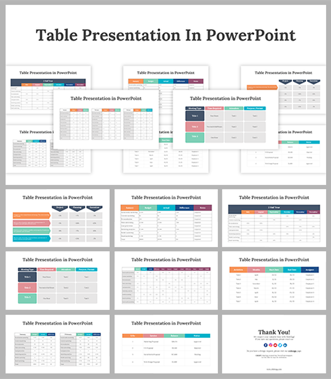 Slide deck showcasing various table layouts, with colorful headers and organized columns.