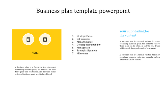 Business plan template featuring a yellow section with checklist icons and a list of strategic goals on the right.
