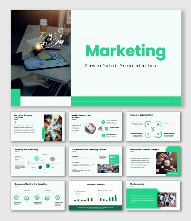 The marketing presentation template with green color theme shapes, graphs, and marketing analysis sections.