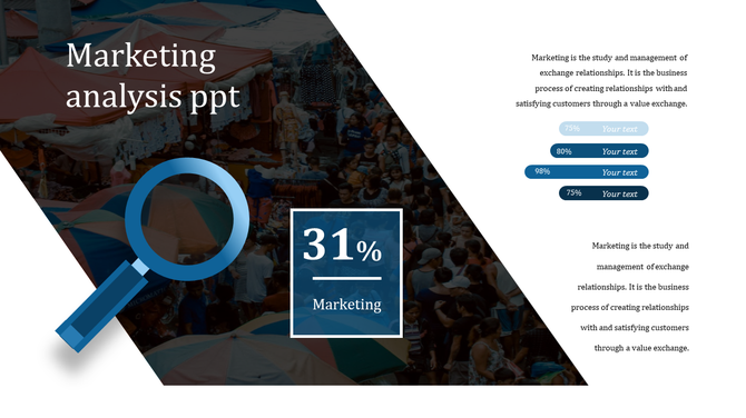 Marketing analysis slide with a blue magnifying glass over a market scene, showing percentage progress bars on the right.