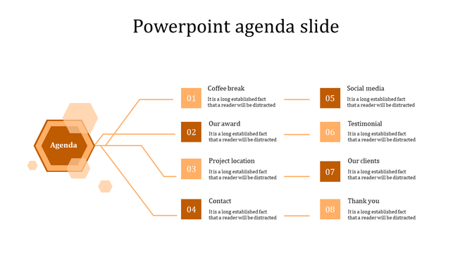 Agenda slide branches into eight numbered sections with orange and brown boxes containing caption areas.