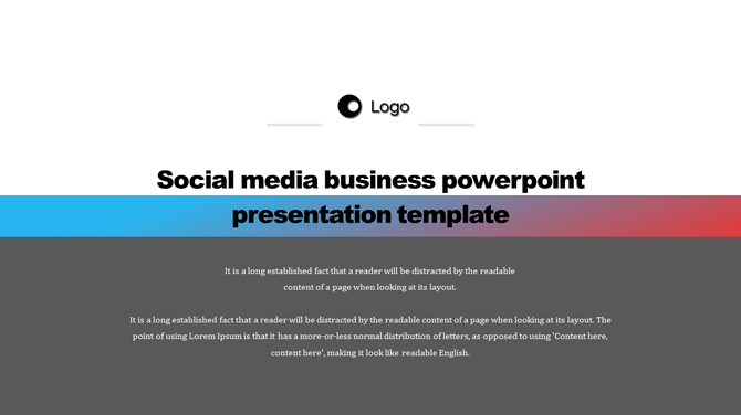 A social media business presentation cover with a logo, bold typography, and a blue to red gradient effect.