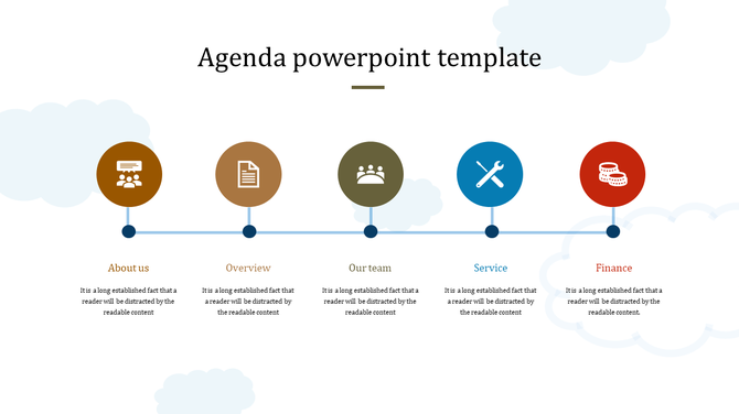 Agenda template with circular icons in brown, gold, green, blue, and red, set against a cloudy background.