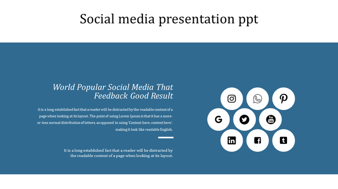 Social media icons layout with Instagram, Twitter, Facebook, and more in white circles on a dark blue background.