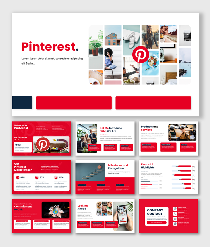 Slides on Pinterest company, featuring a red and white design with product information, financial data, and contact details.