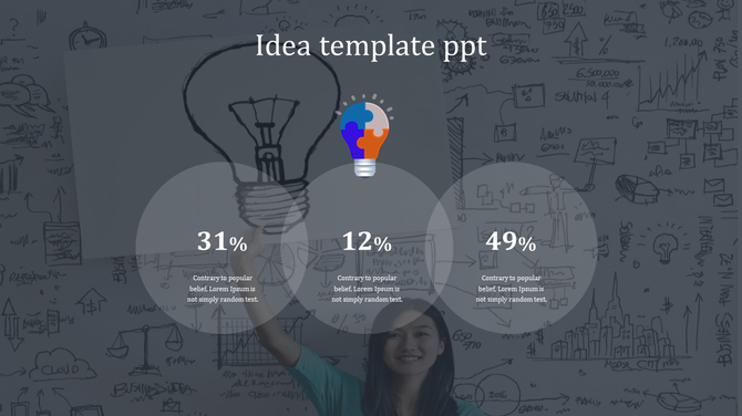 Creative idea template with a background of hand-drawn business sketches, a person holding a light bulb sketch,.