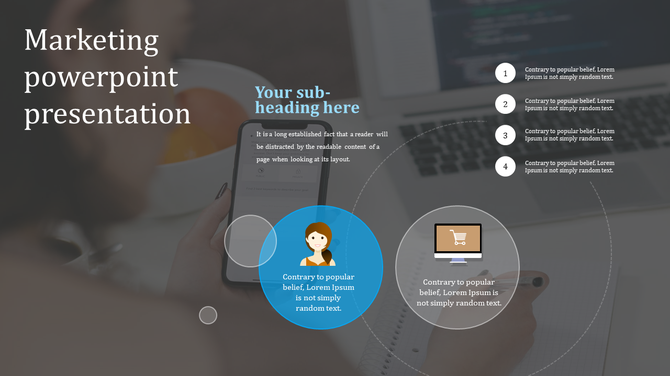 Marketing slide with two circular icons in blue and gray and four numbered sections, set against a blurred background.