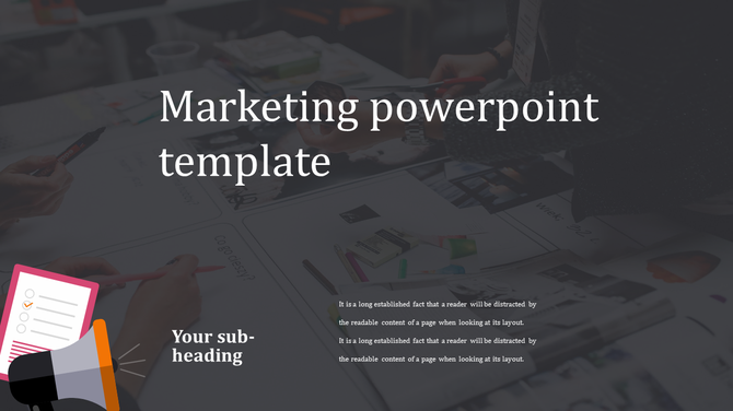 Marketing template with a dark background featuring a workspace and a megaphone illustration with a checklist in the bottom.