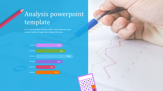 Analysis slide featuring progress bars in various colors and a background of a person writing on a report.