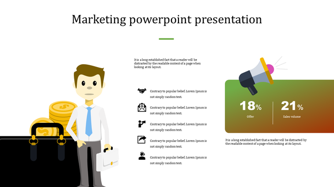Marketing infographic slide featuring a businessman, briefcase, coins, and a megaphone graphic with percentage data.