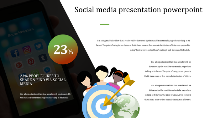 A social media PowerPoint slide with a smartphone displaying social media icons, and marketing related graphics.
