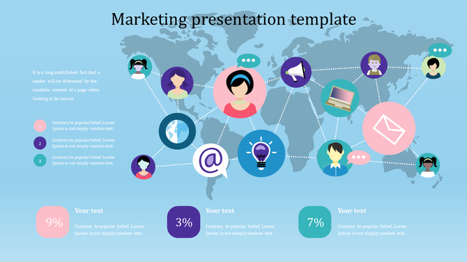 Slide featuring world map with interconnected icons, showcasing global marketing themes with percentages and captions.