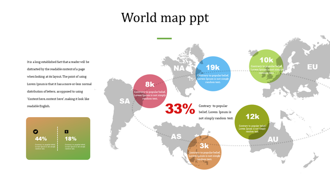 Map with data points in colored circles, left side includes a text area and data infographic.