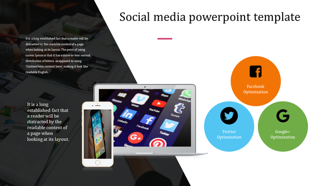 A social media PPT slide showing a laptop and smartphone with social media apps and circles for optimization tips.