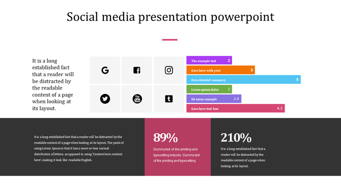 Social media engagement slide with six platform icons, colorful horizontal bar charts, and percentage statistics in dark box.