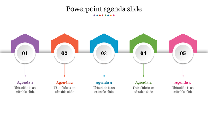 Agenda slide with numbered icons inside pentagon shapes in purple, orange, blue, green, and pink, connected to captions.