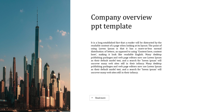 Company overview PowerPoint template with a city skyline and placeholder text for company information.