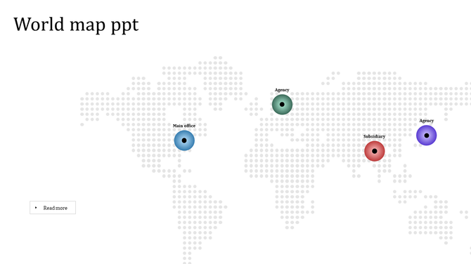 Dotted world map with four color coded markers labeled as main office, subsidiary, and agencies in different regions. 