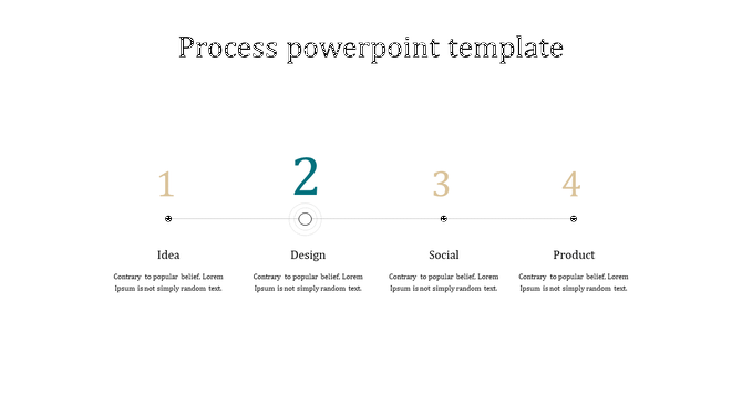 Linear process diagram with four steps, featuring a highlighted second step, each labeled with a title and placeholder text. 