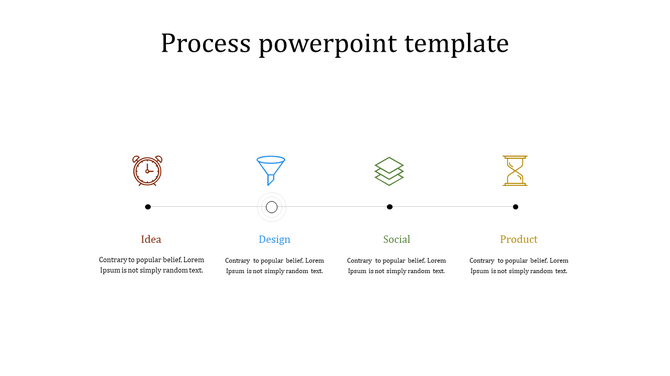 Process slide with evenly spaced icons in brown, blue, green, and yellow, connected by a subtle black line.
