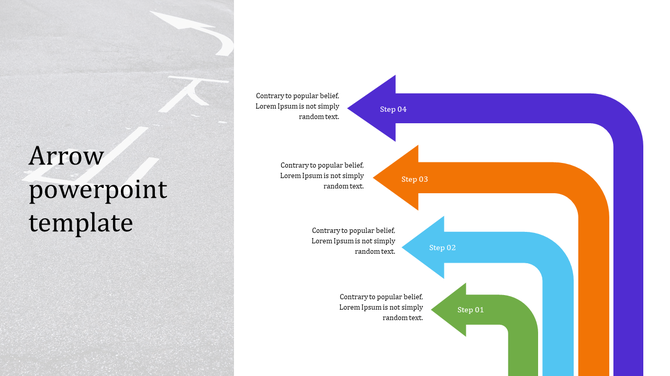 Arrow template with four curved arrows in green, blue, orange, and purple, labeled steps and caption areas.