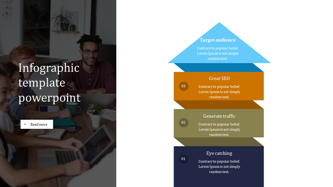 Infographic template with a four ayer pyramid diagram labeled from eye catching and target audience. 