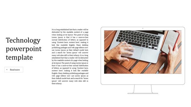 Slide with a left aligned text section and a computer mockup on the right displaying hands using a laptop and phone.