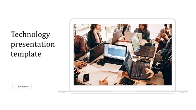 A technology presentation template is displayed on a laptop with a group of people working on laptops at a table.