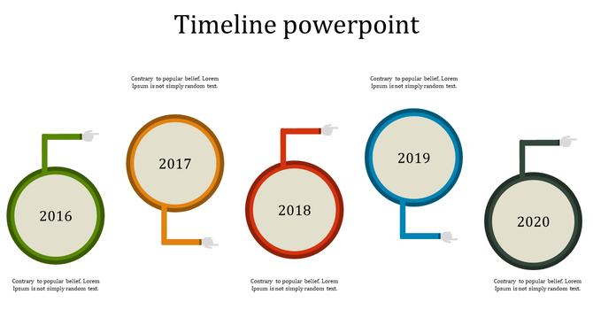 Timeline slide with five milestone circles in green, orange, red, blue, and black, each labeled by year.
