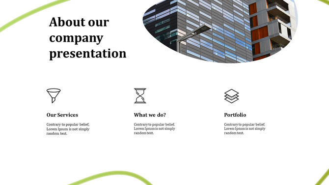 Corporate slide featuring an oval image of a glass building, green curved accents, and three black service icons.