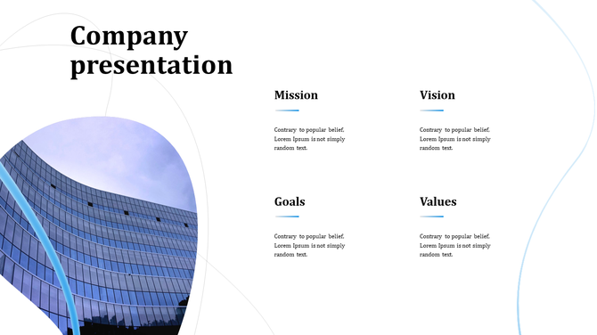 Company slide with a curved image of a modern glass building and four text sections for mission, vision, goals, and values.
