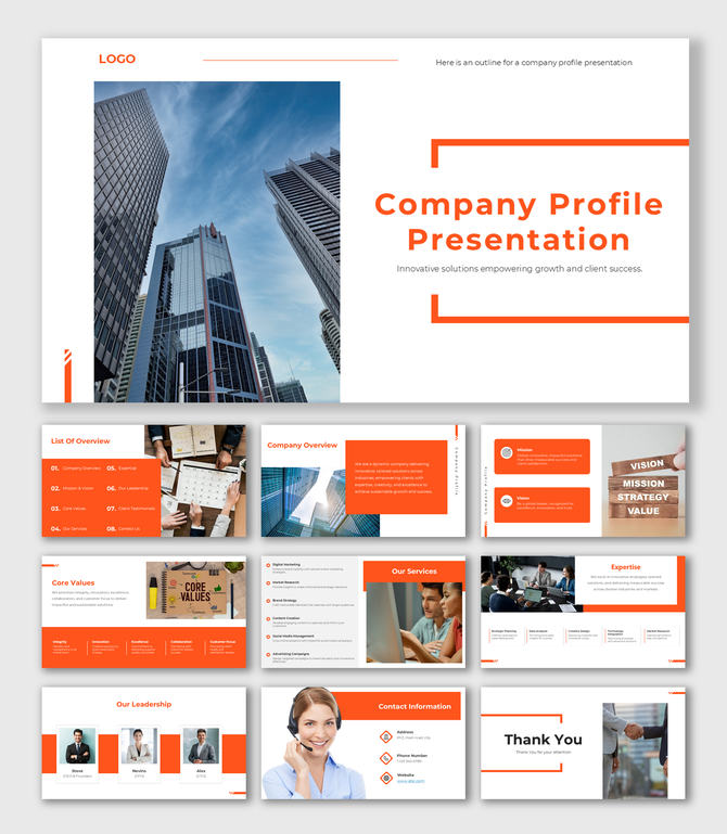 Company profile template with a table of contents on the left and a blank space for a photo or graphic on the right. 