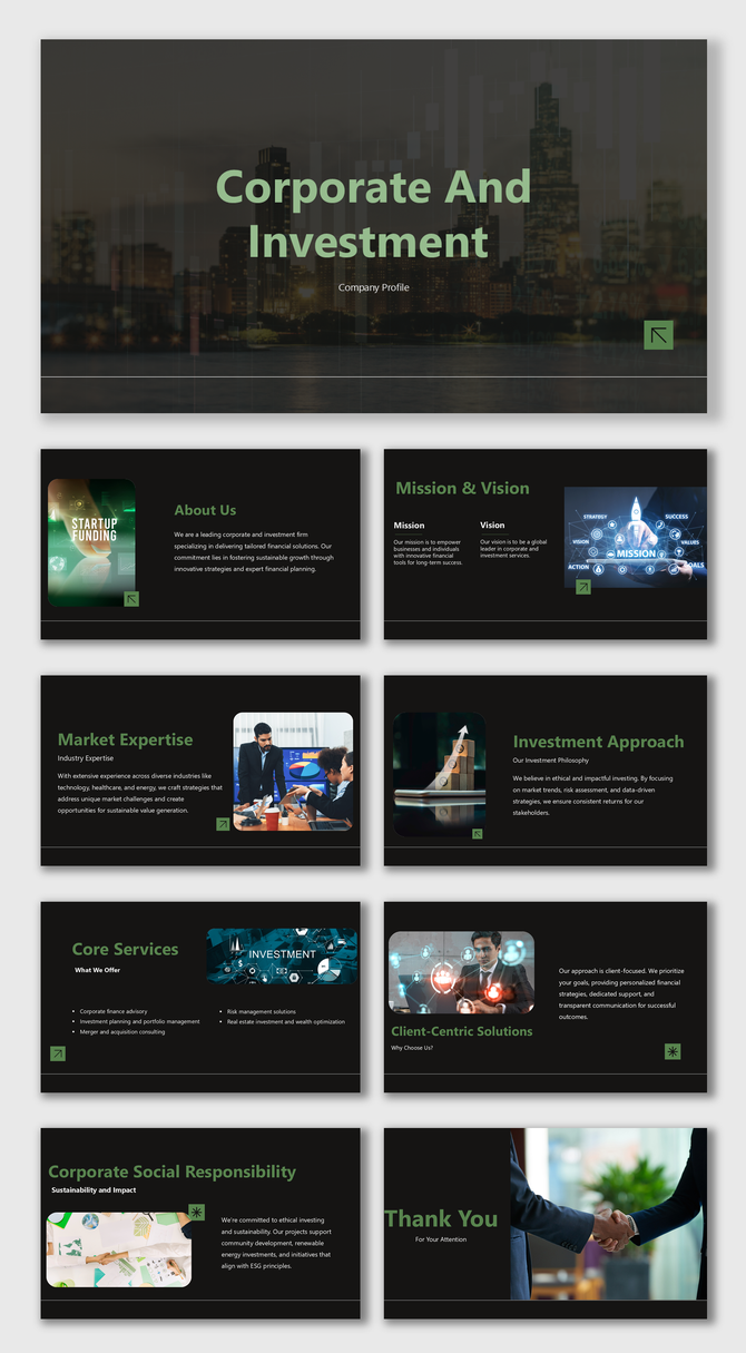 Corporate and investment template featuring a cityscape background with sections on market expertise and investment approach.