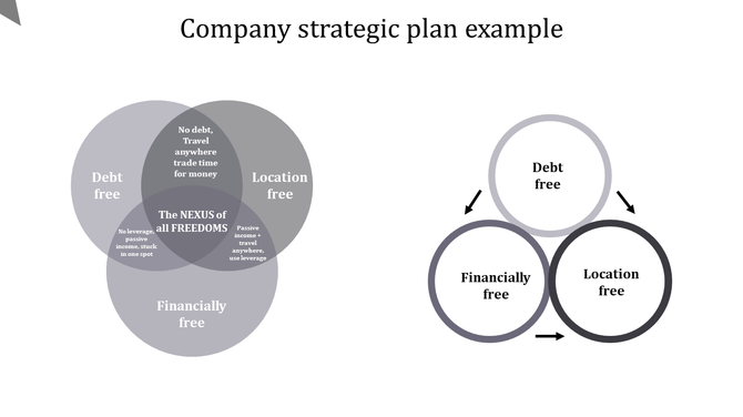 Company strategic plan example slide showing a grey Venn diagram with Debt free, Location free, and Financially free areas.