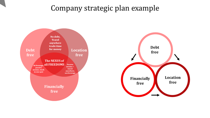 Company strategy infographic featuring a three circle Venn diagram and a red circular loop placed in a white backdrop.